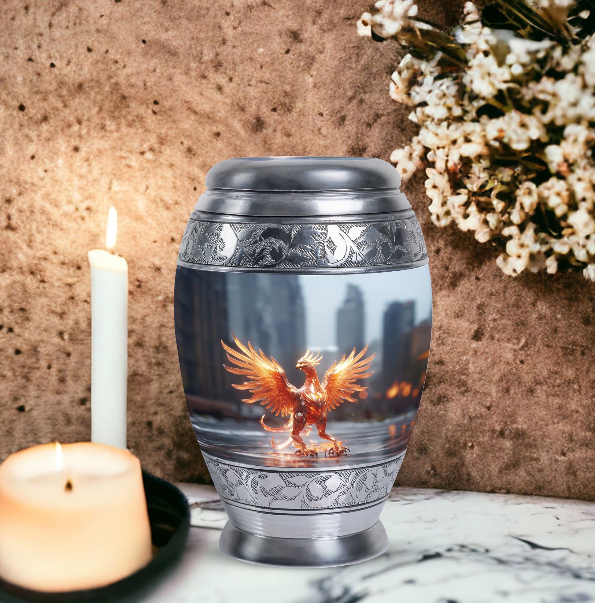 Phoenix Memorial Urn, classic cremation urn in aluminium.