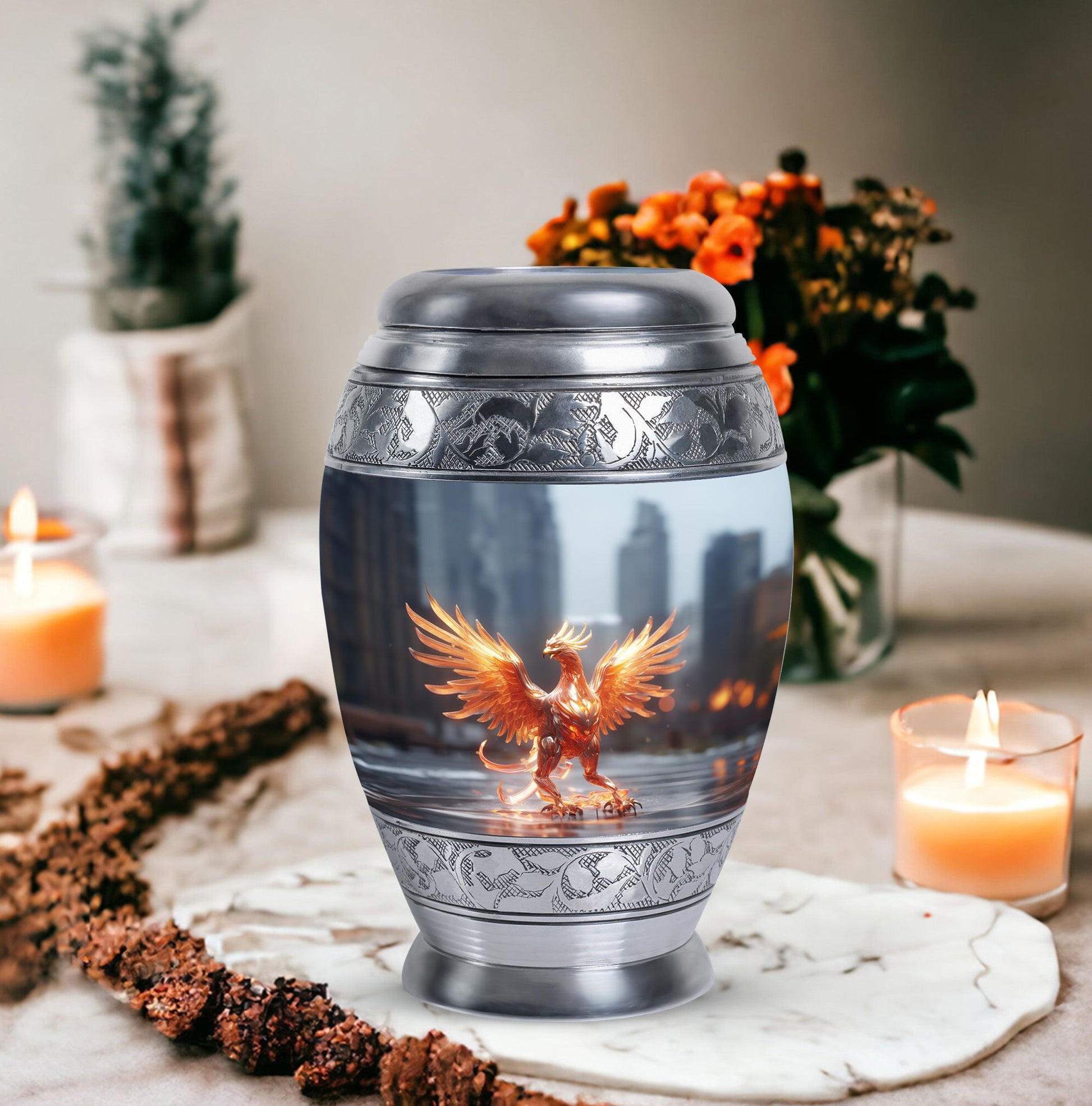 Phoenix Memorial Urn, classic cremation urn in aluminium.