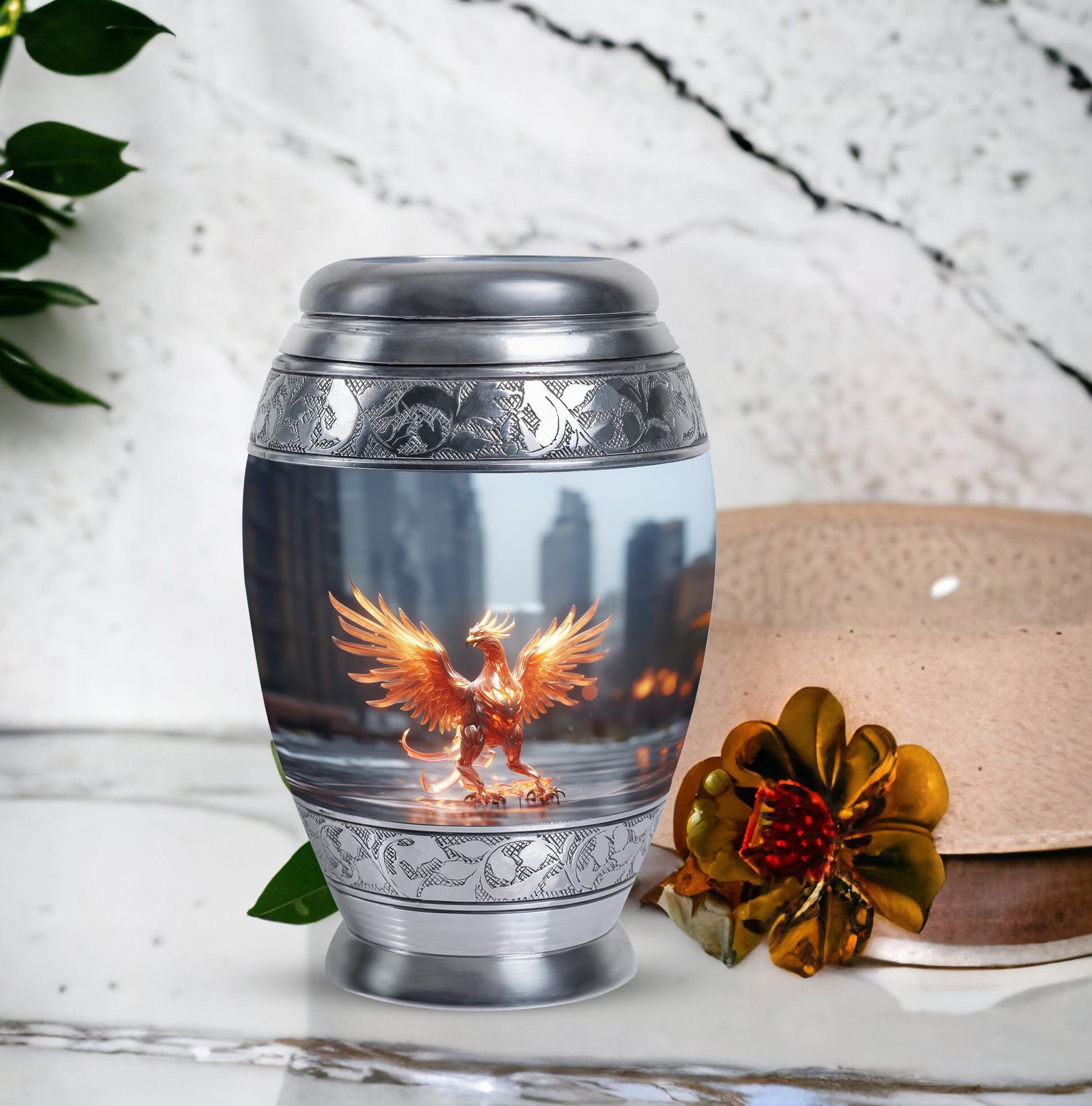 Phoenix Memorial Urn, classic cremation urn in aluminium.