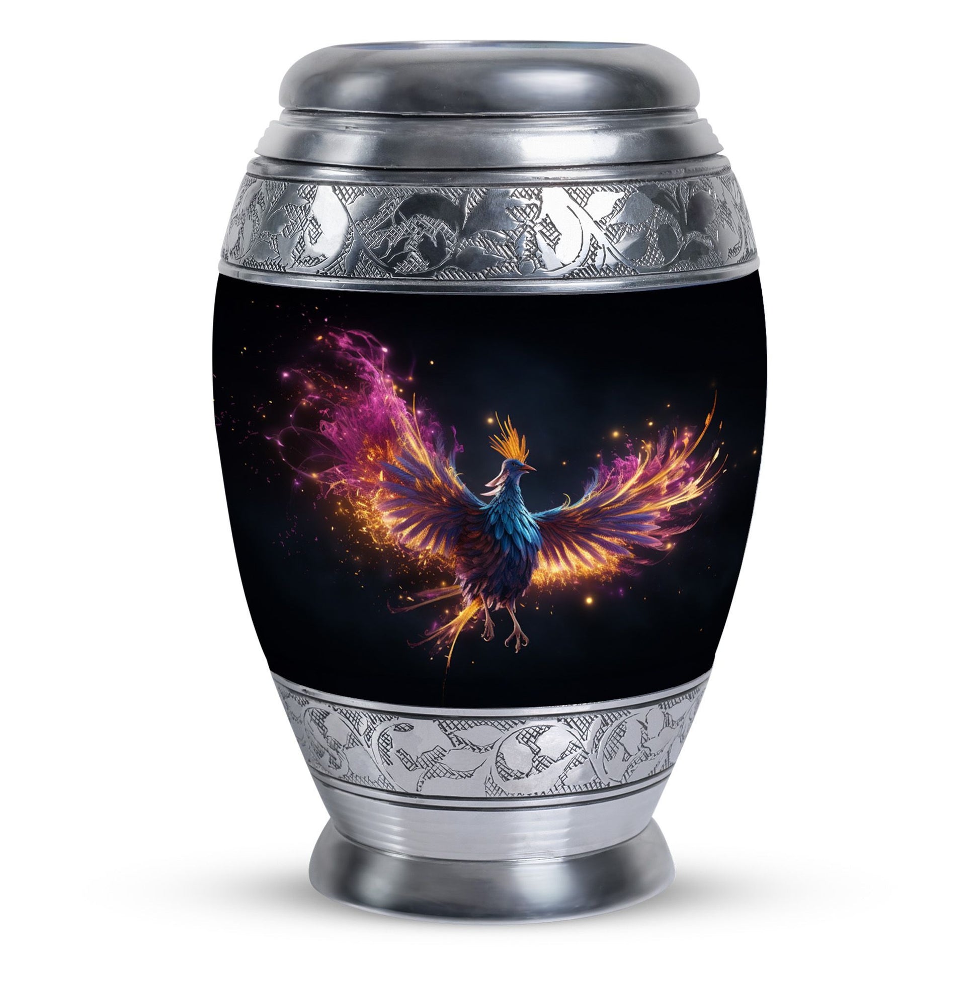 Colorful phoenix urn for human ashes, personalized.