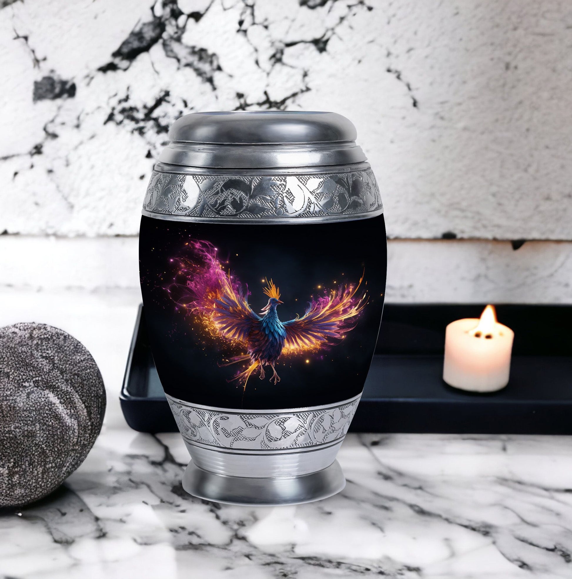 Colorful phoenix urn for human ashes, personalized.