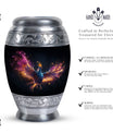 Colorful phoenix urn for human ashes, personalized.