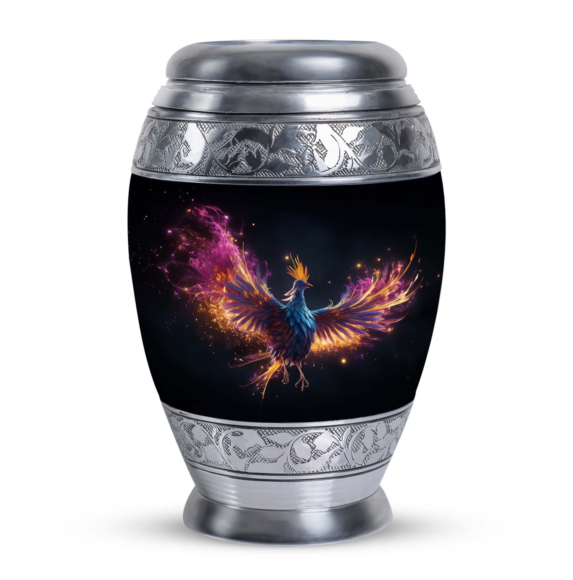 Colorful phoenix urn for human ashes, personalized.