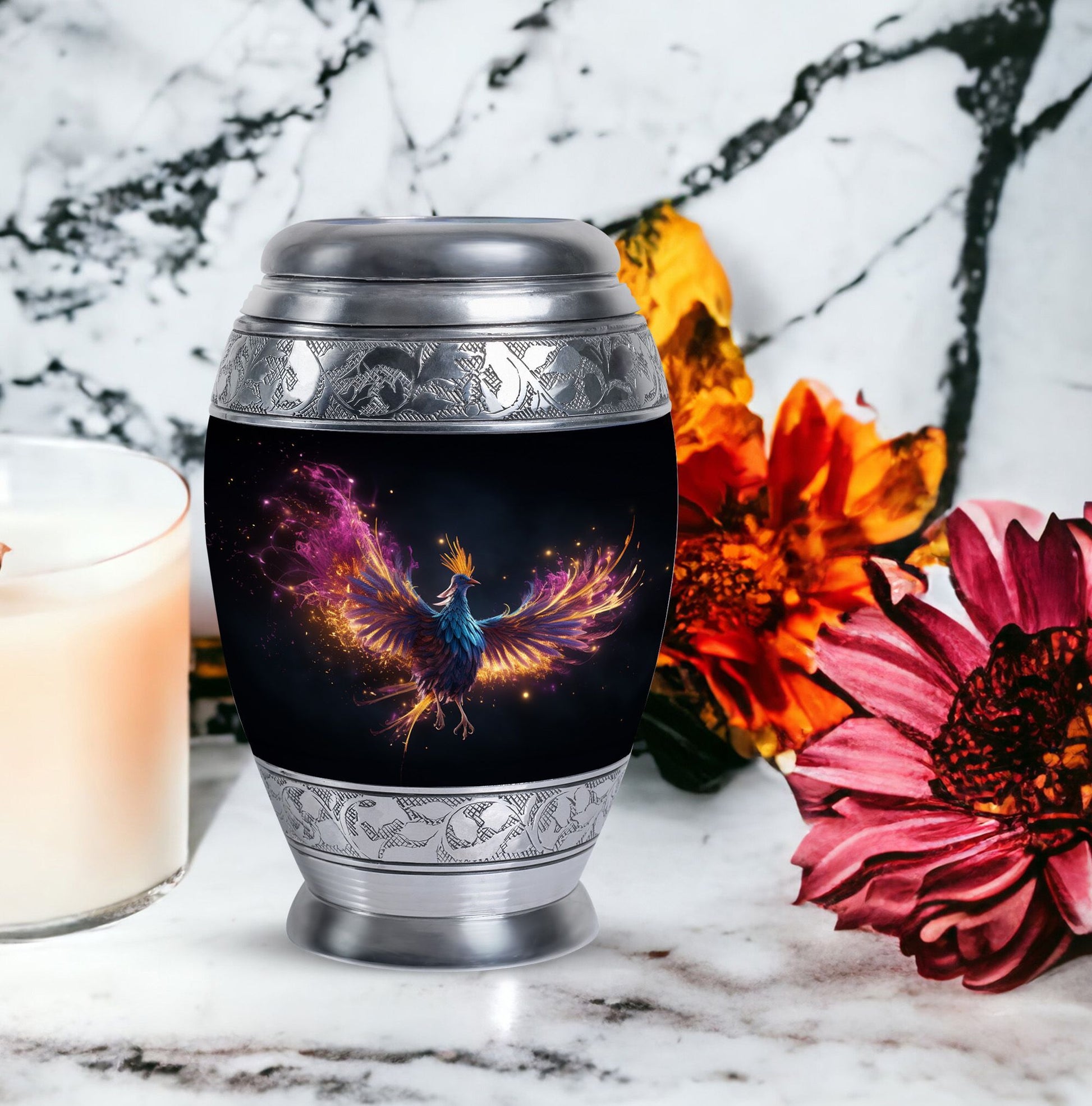 Colorful phoenix urn for human ashes, personalized.