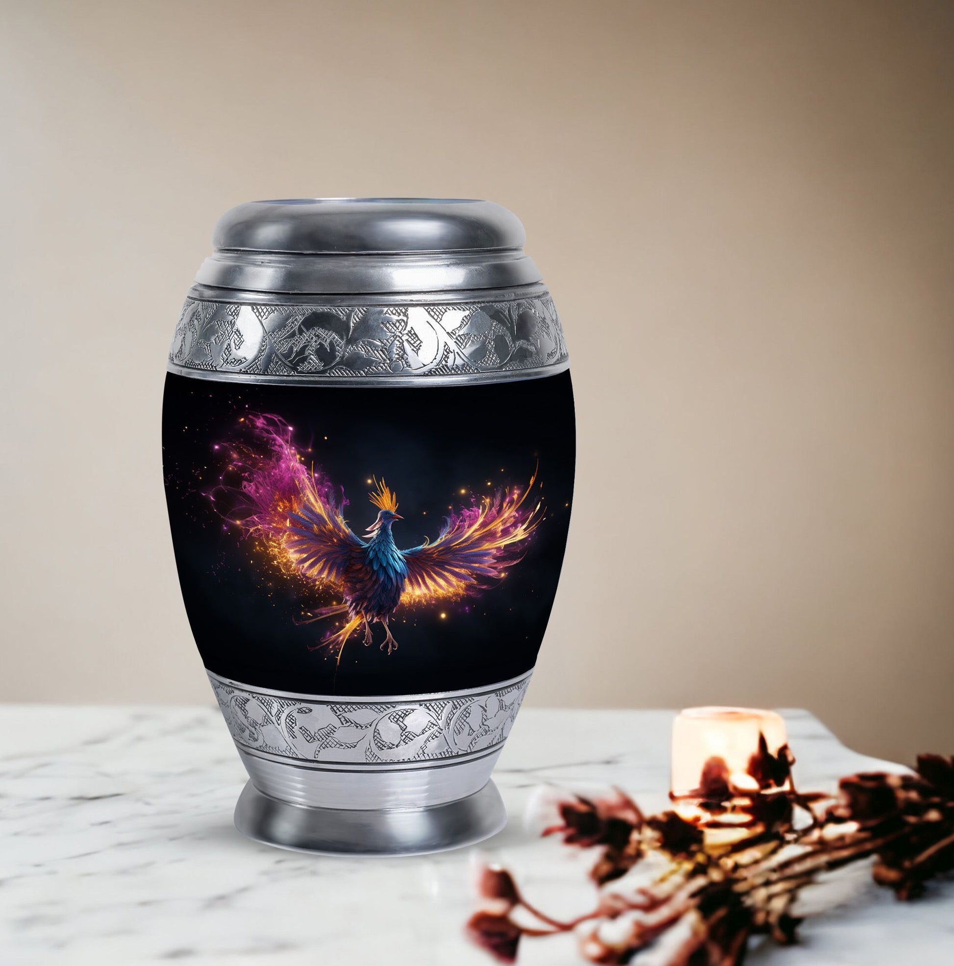 Colorful phoenix urn for human ashes, personalized.