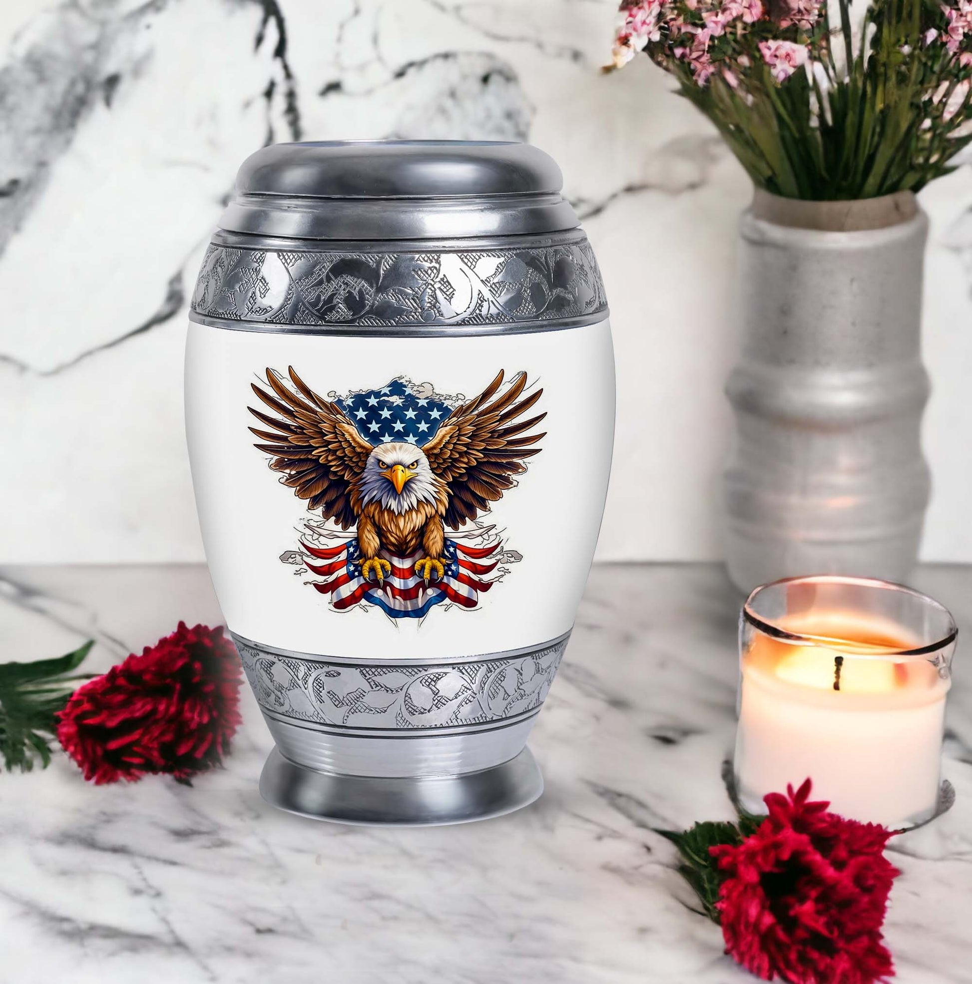 Classic urn featuring an eagle with an American flag.