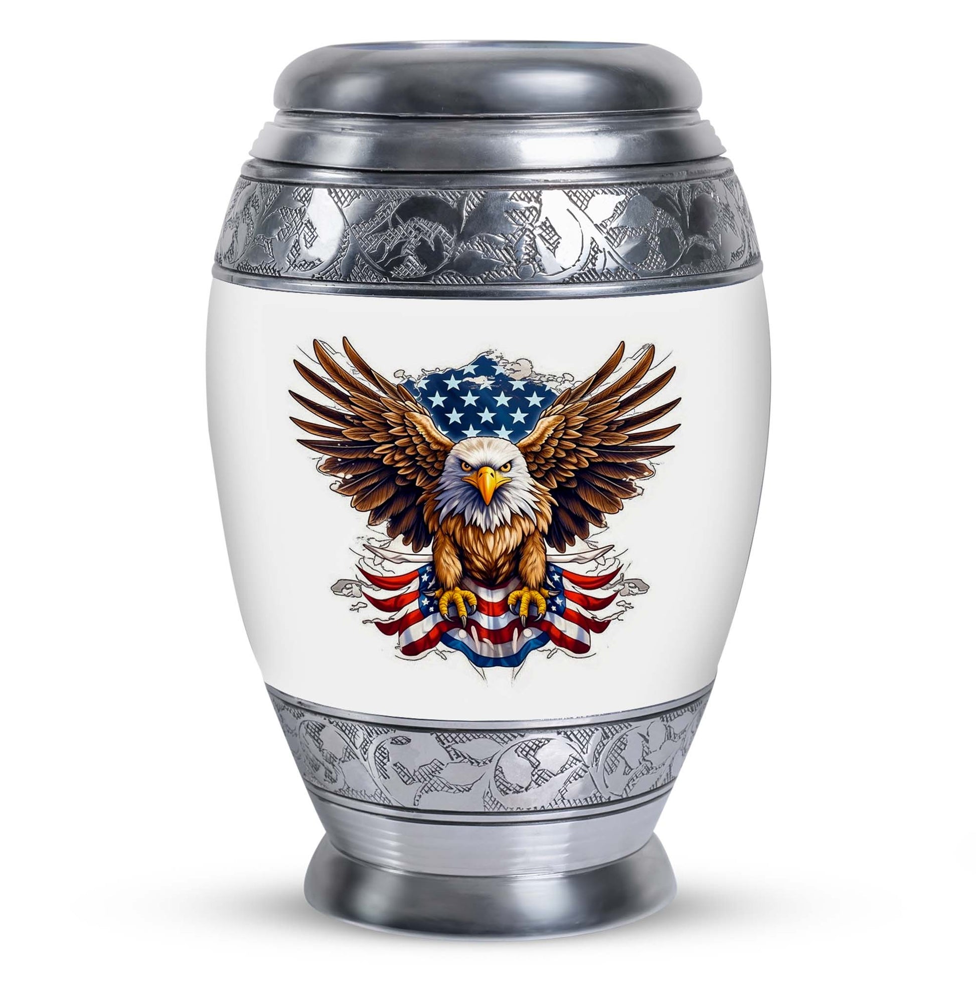 Classic urn featuring an eagle with an American flag.