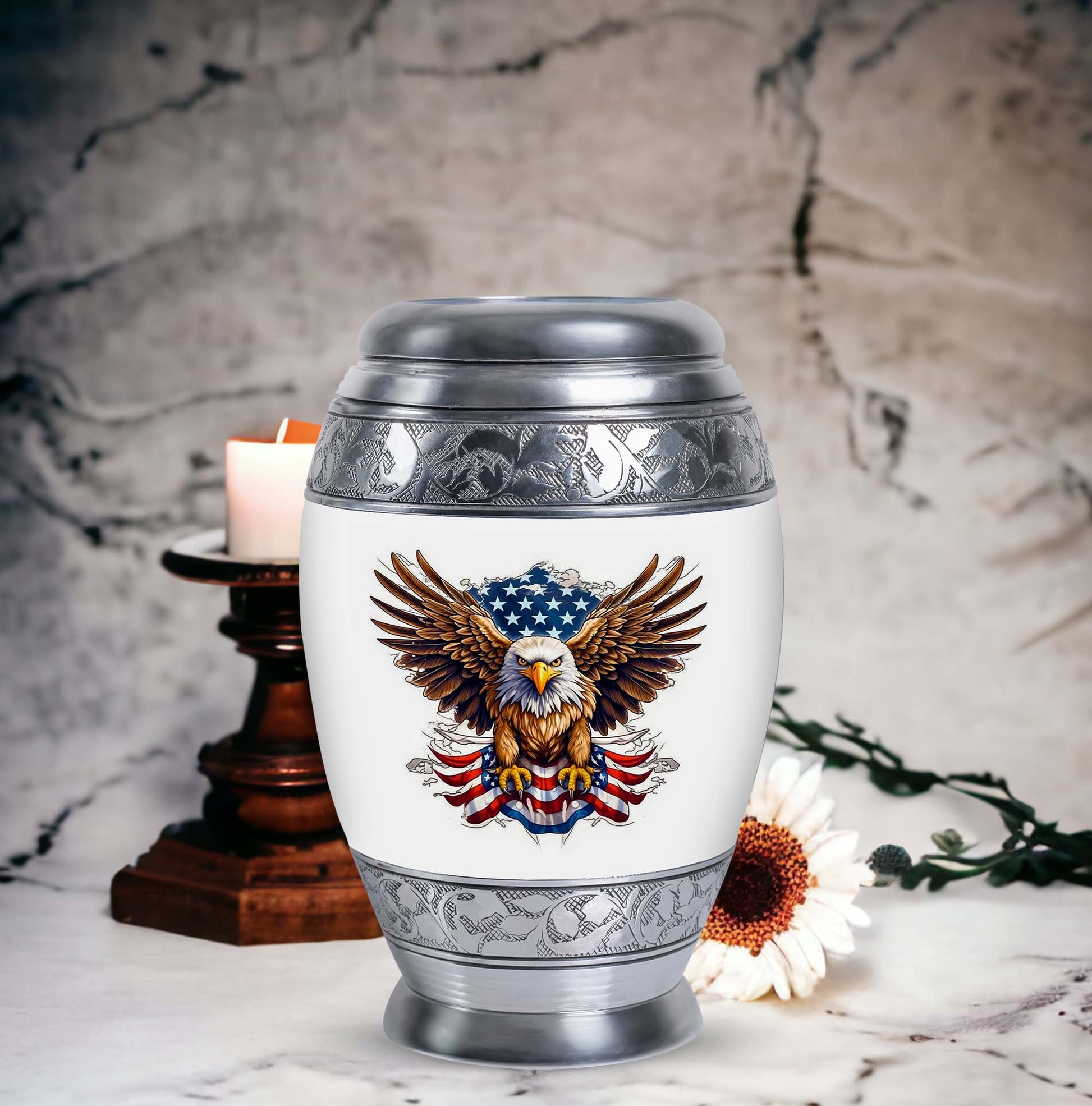 Classic urn featuring an eagle with an American flag.