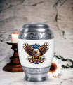 Classic urn featuring an eagle with an American flag.