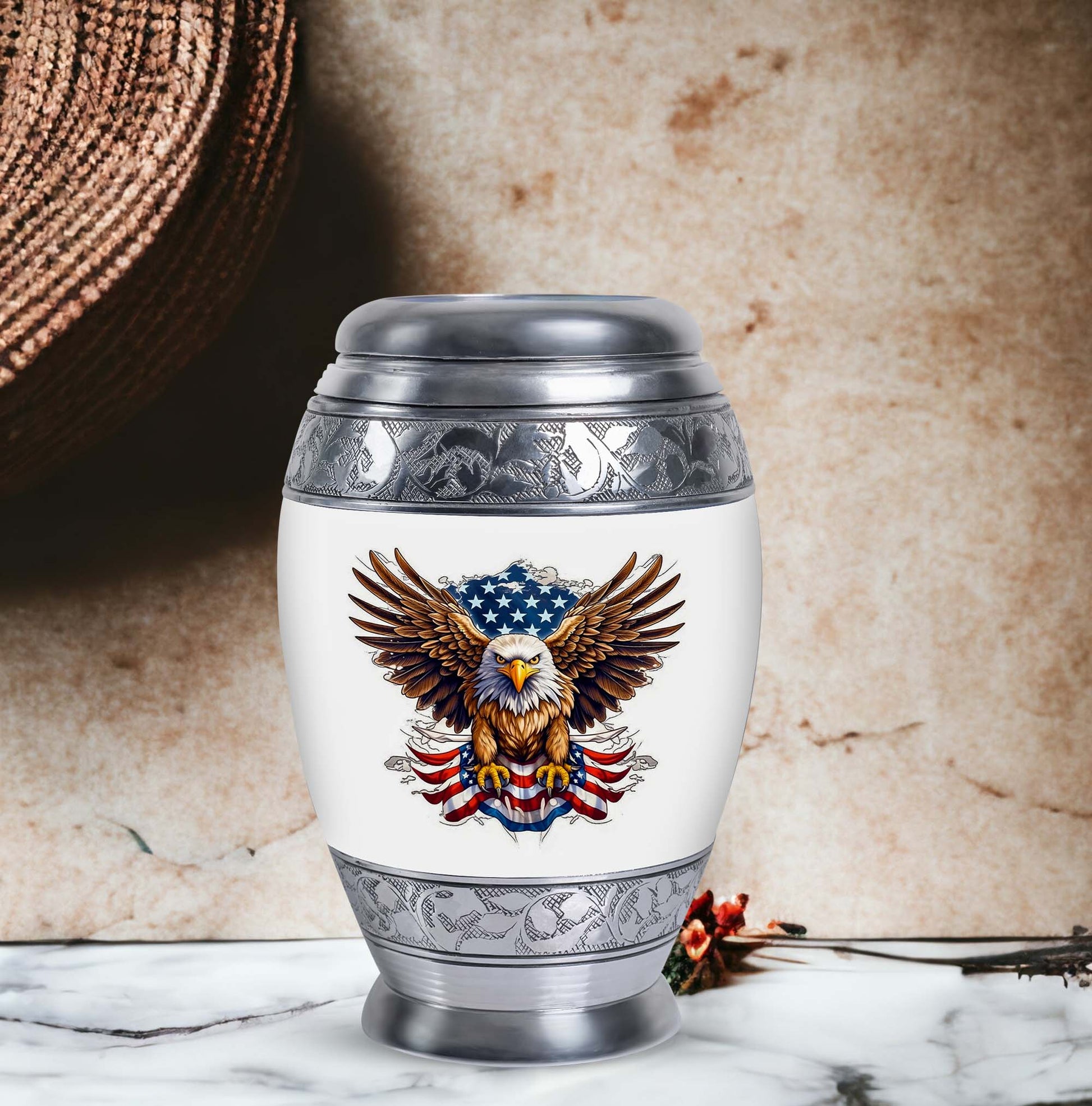 Classic urn featuring an eagle with an American flag.