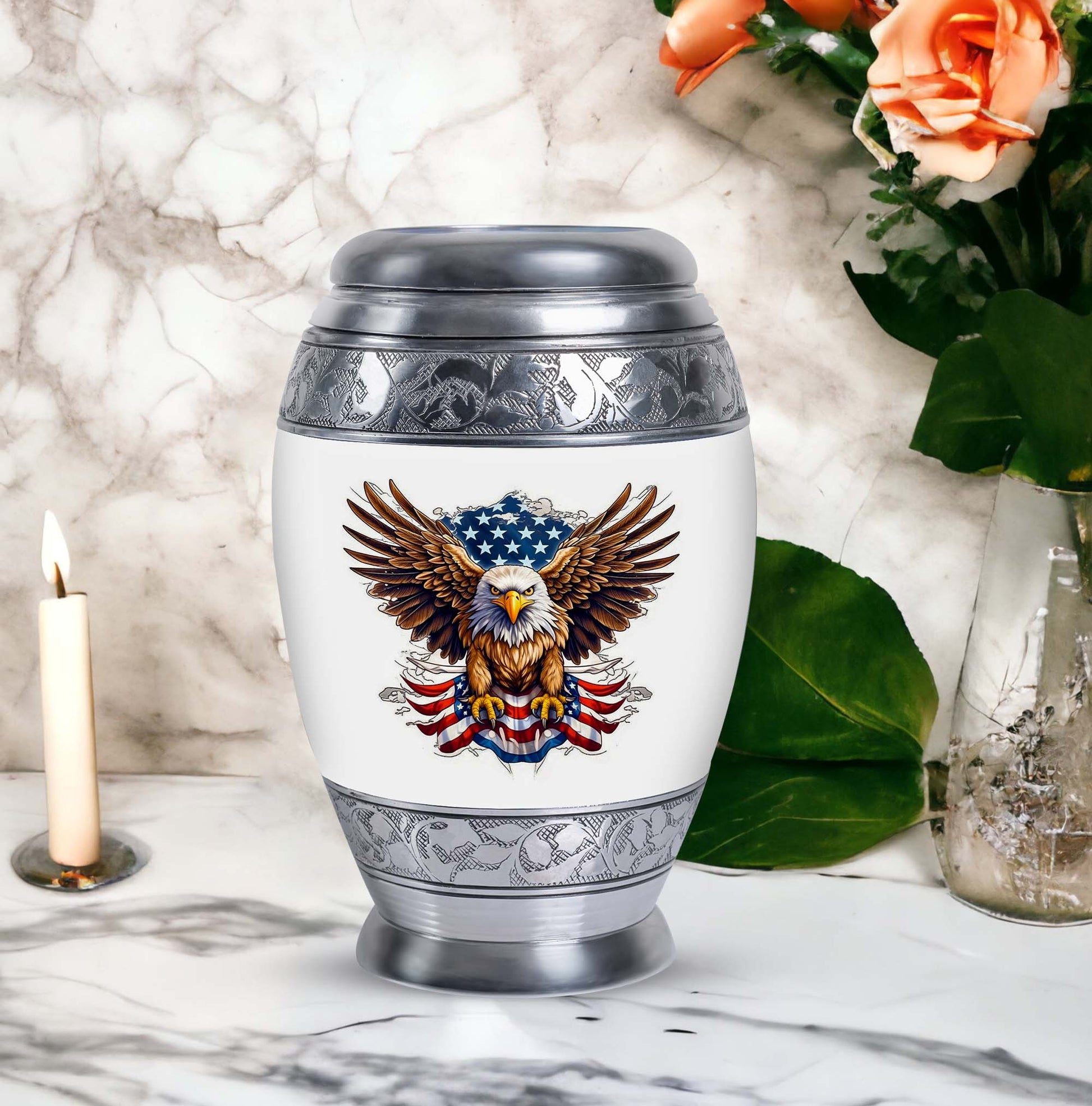 Classic urn featuring an eagle with an American flag.