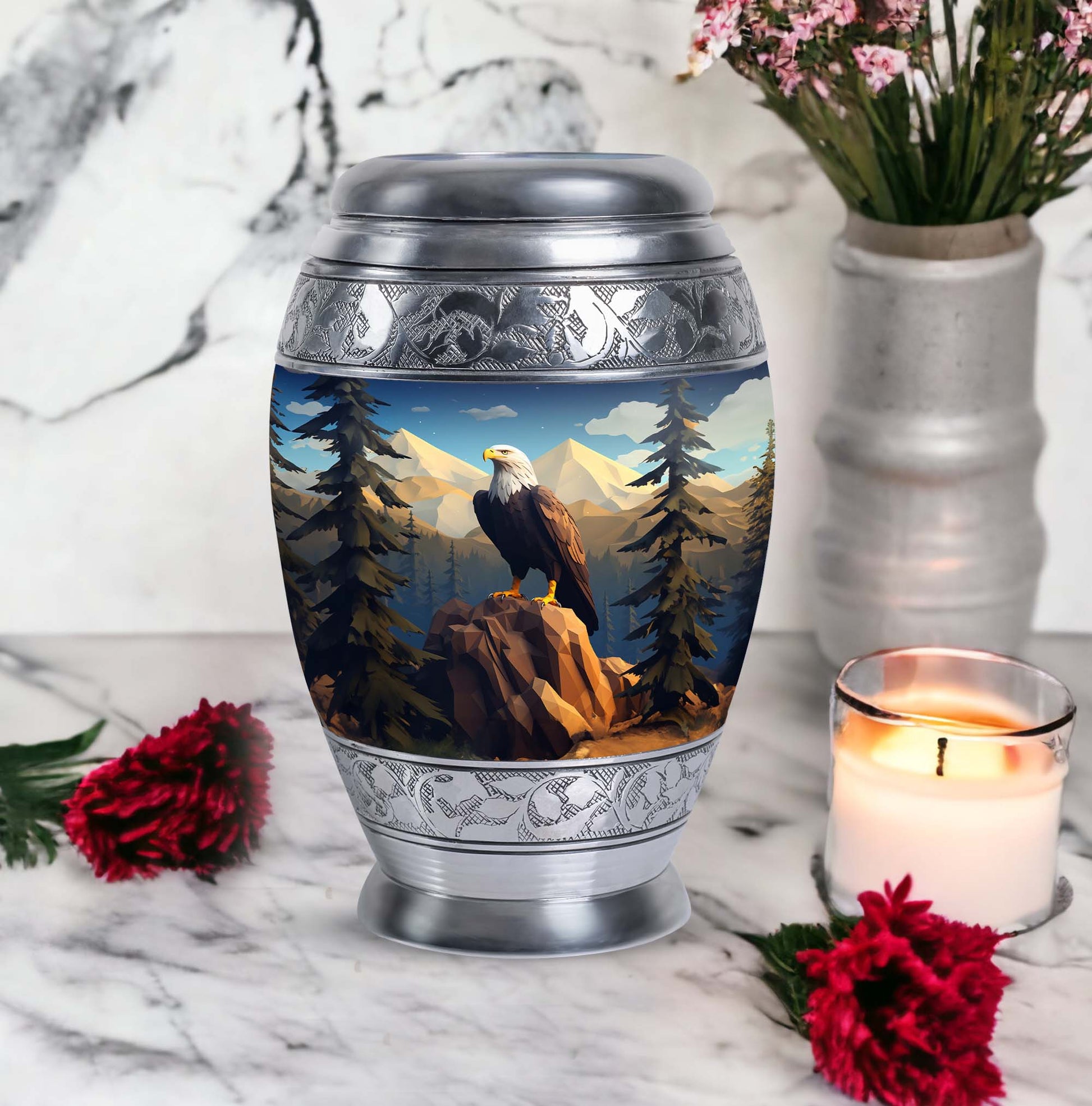 Eagle in mountains Cremation Urn of aluminum for human ashes