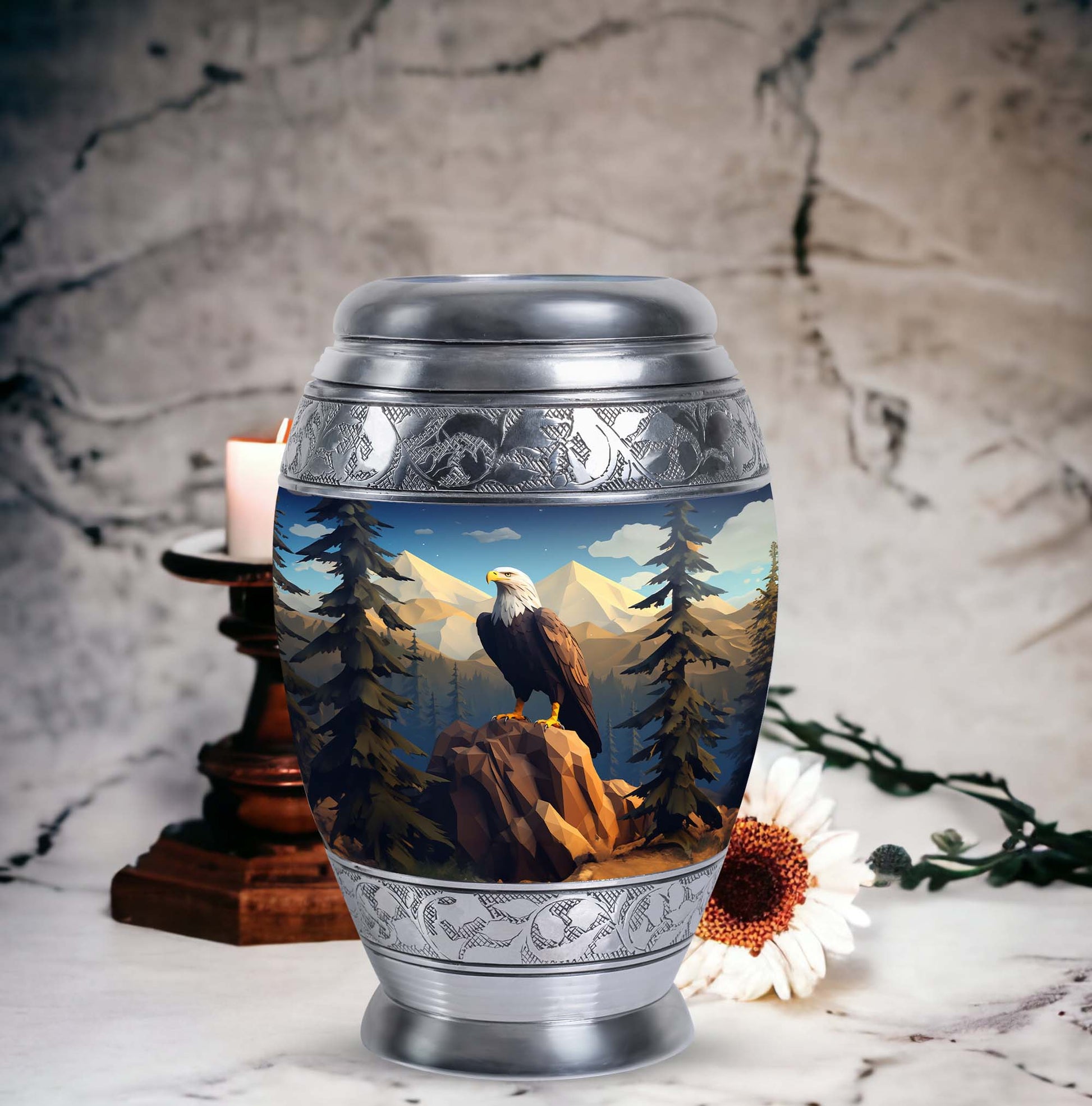 Eagle in mountains Cremation Urn of aluminum for human ashes