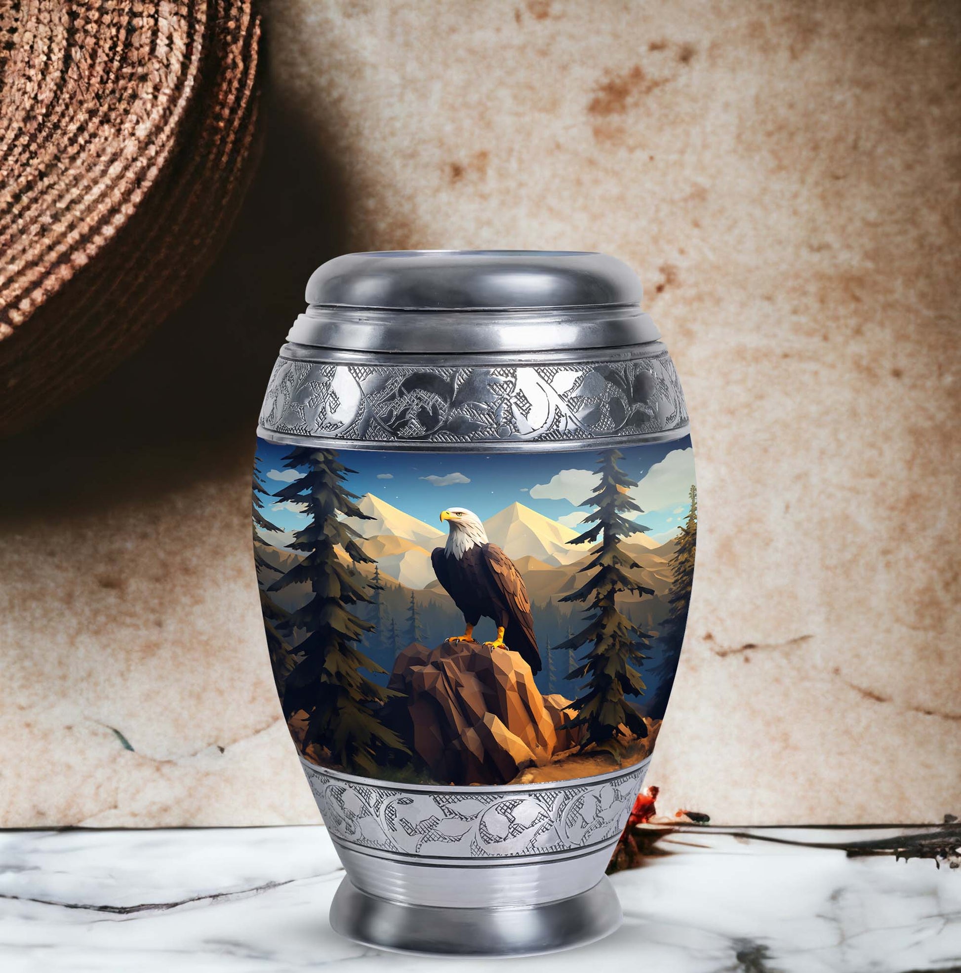 Eagle in mountains Cremation Urn of aluminum for human ashes