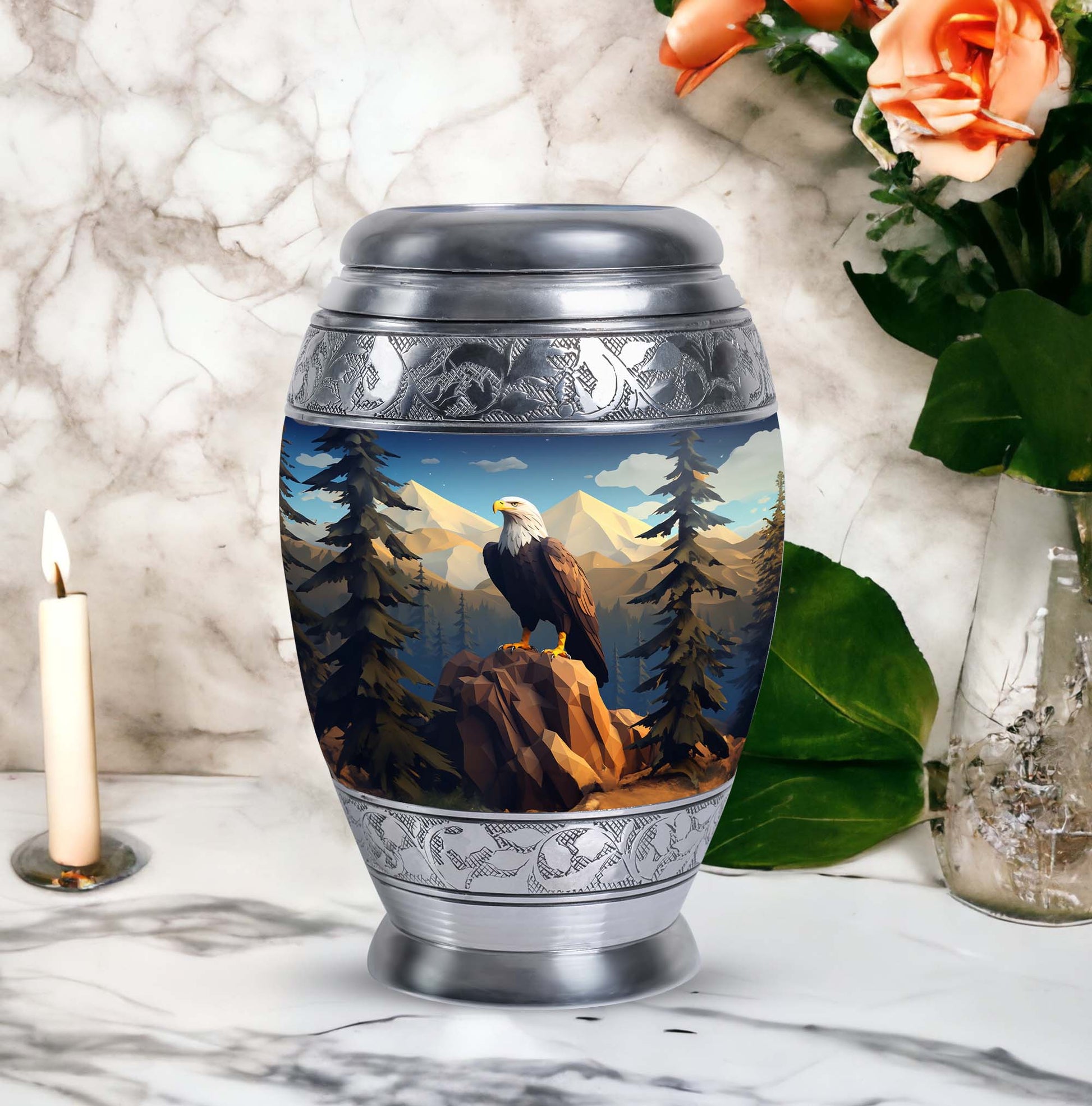 Eagle in mountains Cremation Urn of aluminum for human ashes