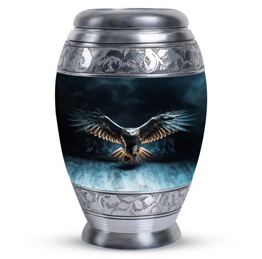 Classic 10-inch eagle urn for human ashes, aluminum.