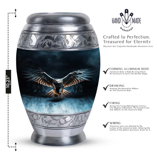 Classic 10-inch eagle urn for human ashes, aluminum.