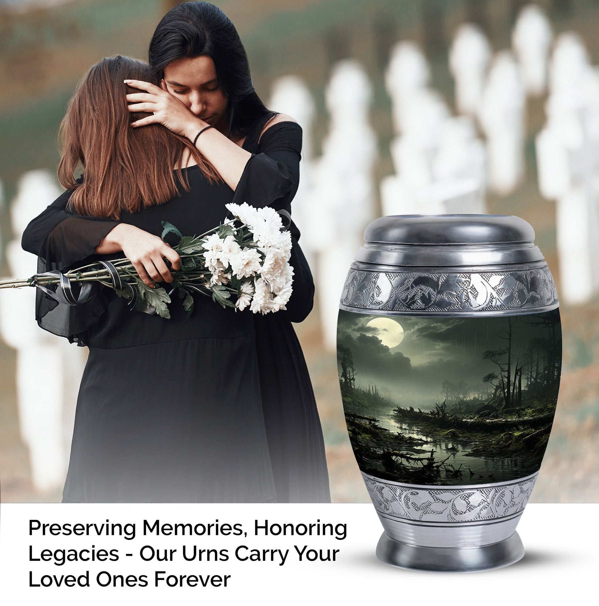 Unique Moonlit Funeral Urn for adult ashes in green, large burial urn particularly suitable for men and women