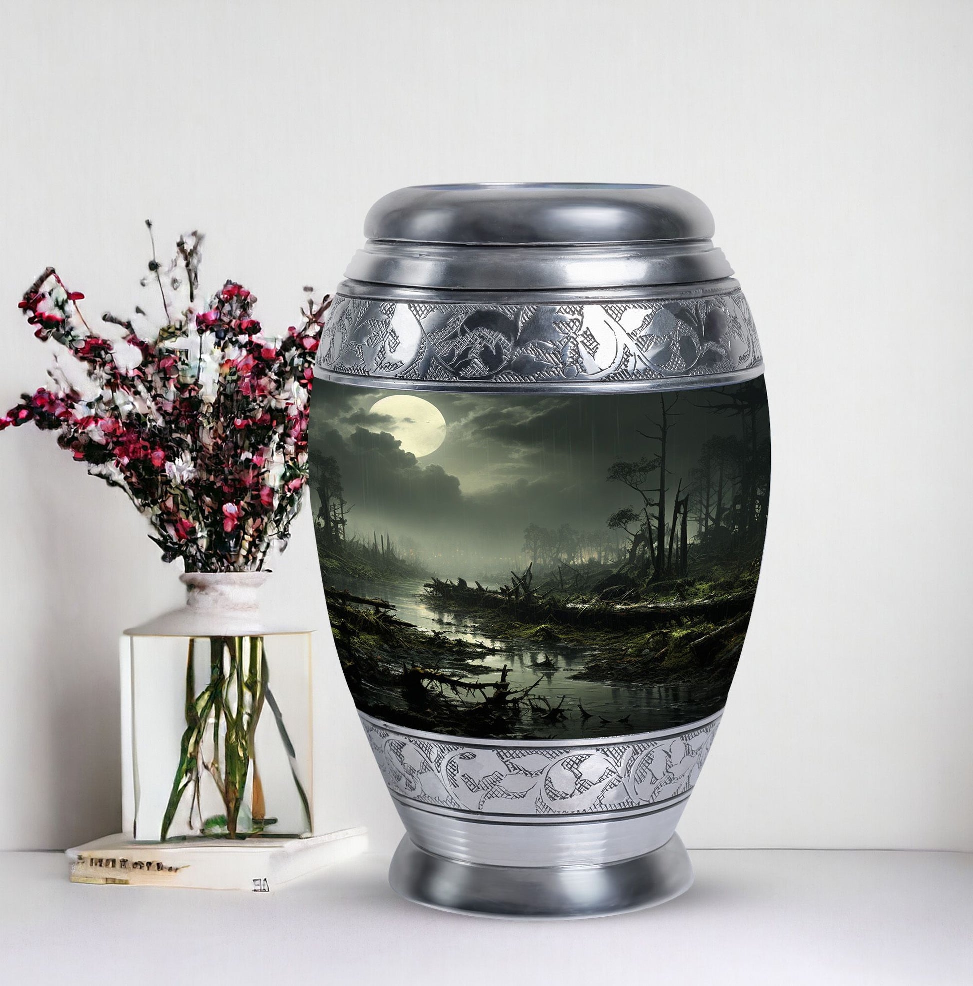 Unique Moonlit Funeral Urn for adult ashes in green, large burial urn particularly suitable for men and women