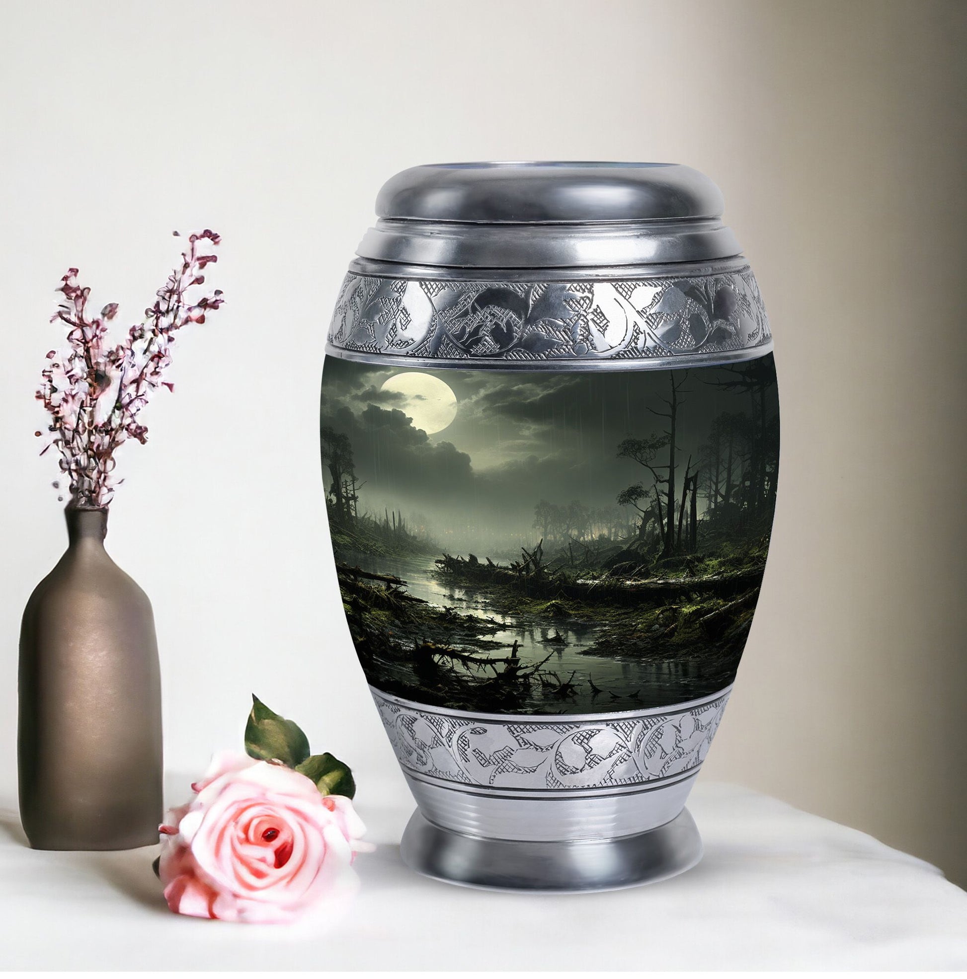 Unique Moonlit Funeral Urn for adult ashes in green, large burial urn particularly suitable for men and women