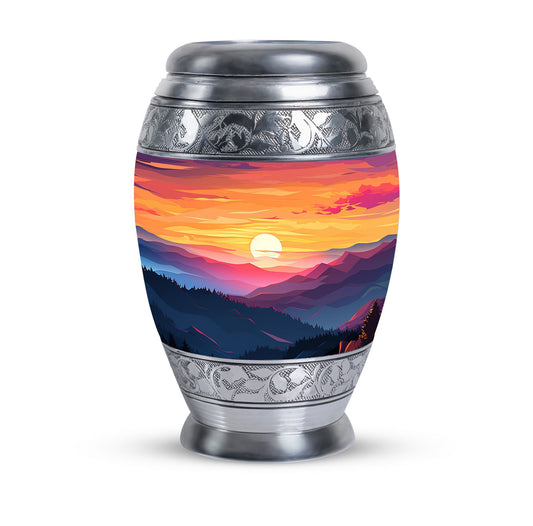 Large urn for cremation with scenic mountains design, suitable for both men and women's ash storage, perfect for preserving the memories of a loved one.