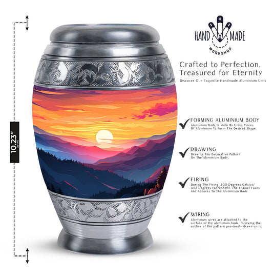 Large urn for cremation with scenic mountains design, suitable for both men and women's ash storage, perfect for preserving the memories of a loved one.