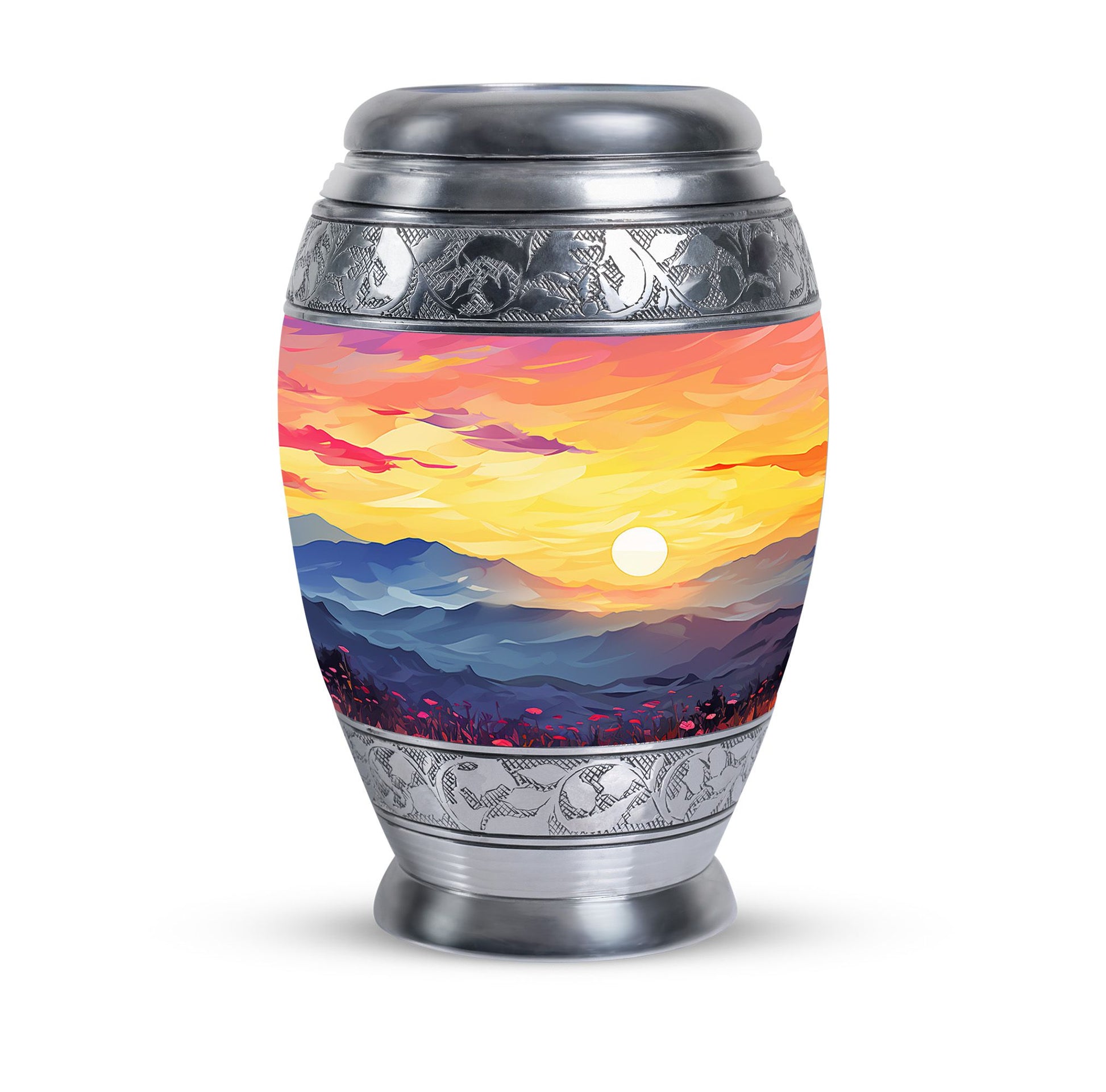 Customizable Monar_Urn Aluminium Mountains Urn for ashes, suitable for men and women, large capacity of 200 cubic inches, included velvet pouch and care instructions.