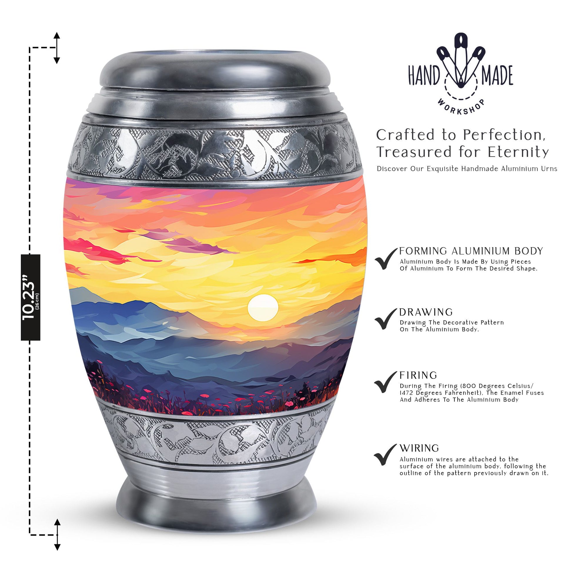 Customizable Monar_Urn Aluminium Mountains Urn for ashes, suitable for men and women, large capacity of 200 cubic inches, included velvet pouch and care instructions.