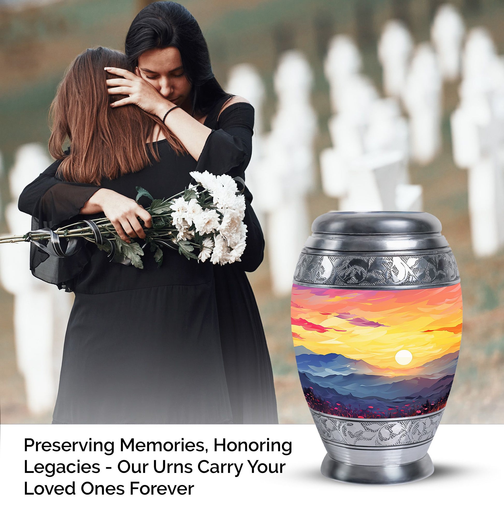 Customizable Monar_Urn Aluminium Mountains Urn for ashes, suitable for men and women, large capacity of 200 cubic inches, included velvet pouch and care instructions.