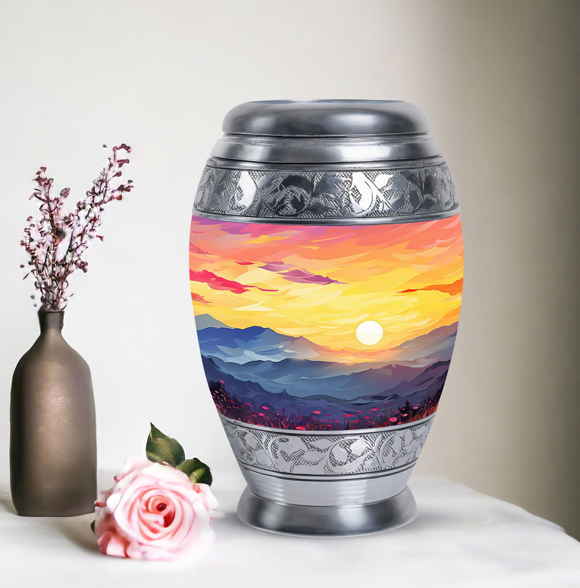 Customizable Monar_Urn Aluminium Mountains Urn for ashes, suitable for men and women, large capacity of 200 cubic inches, included velvet pouch and care instructions.