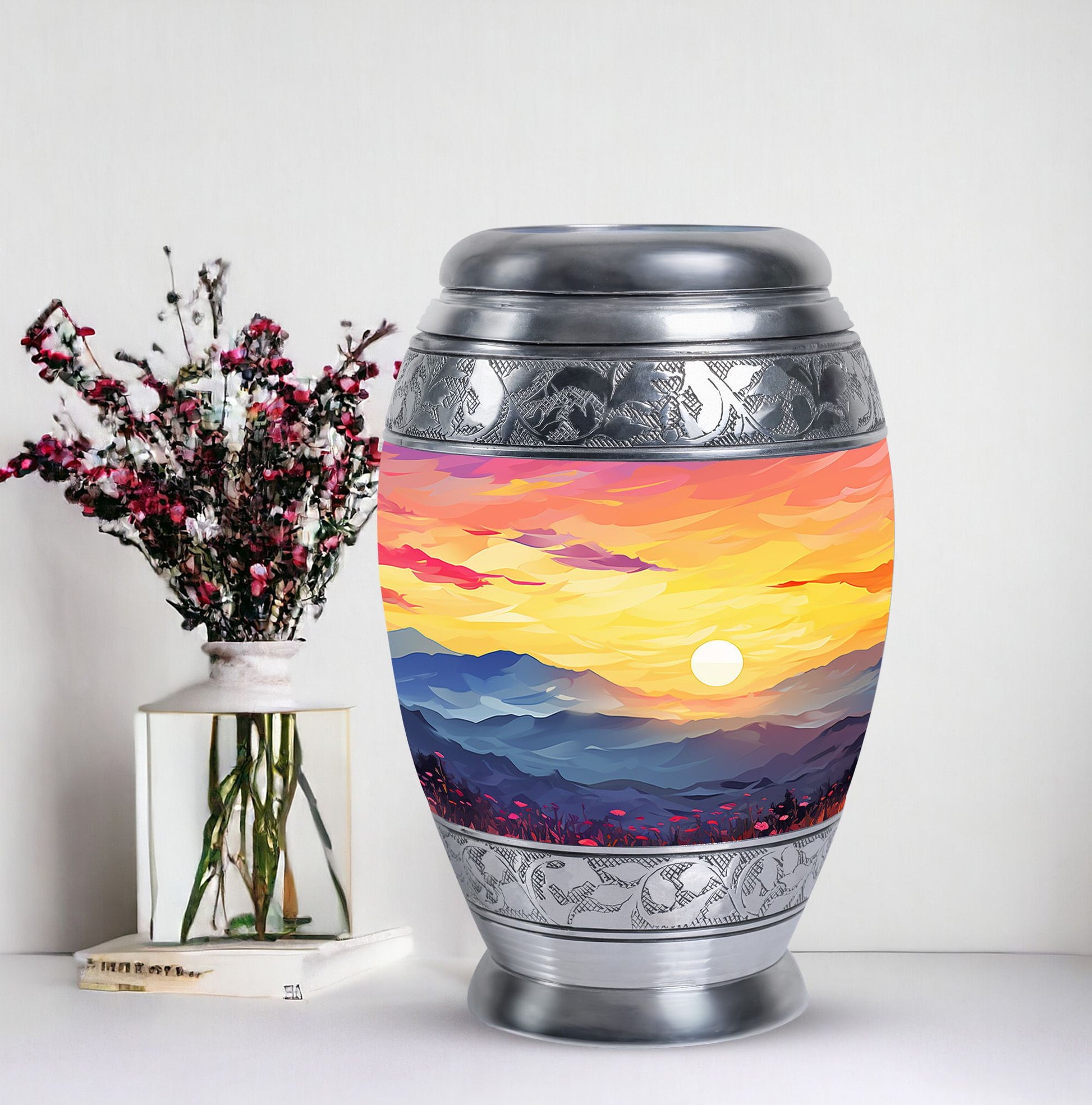 Customizable Monar_Urn Aluminium Mountains Urn for ashes, suitable for men and women, large capacity of 200 cubic inches, included velvet pouch and care instructions.