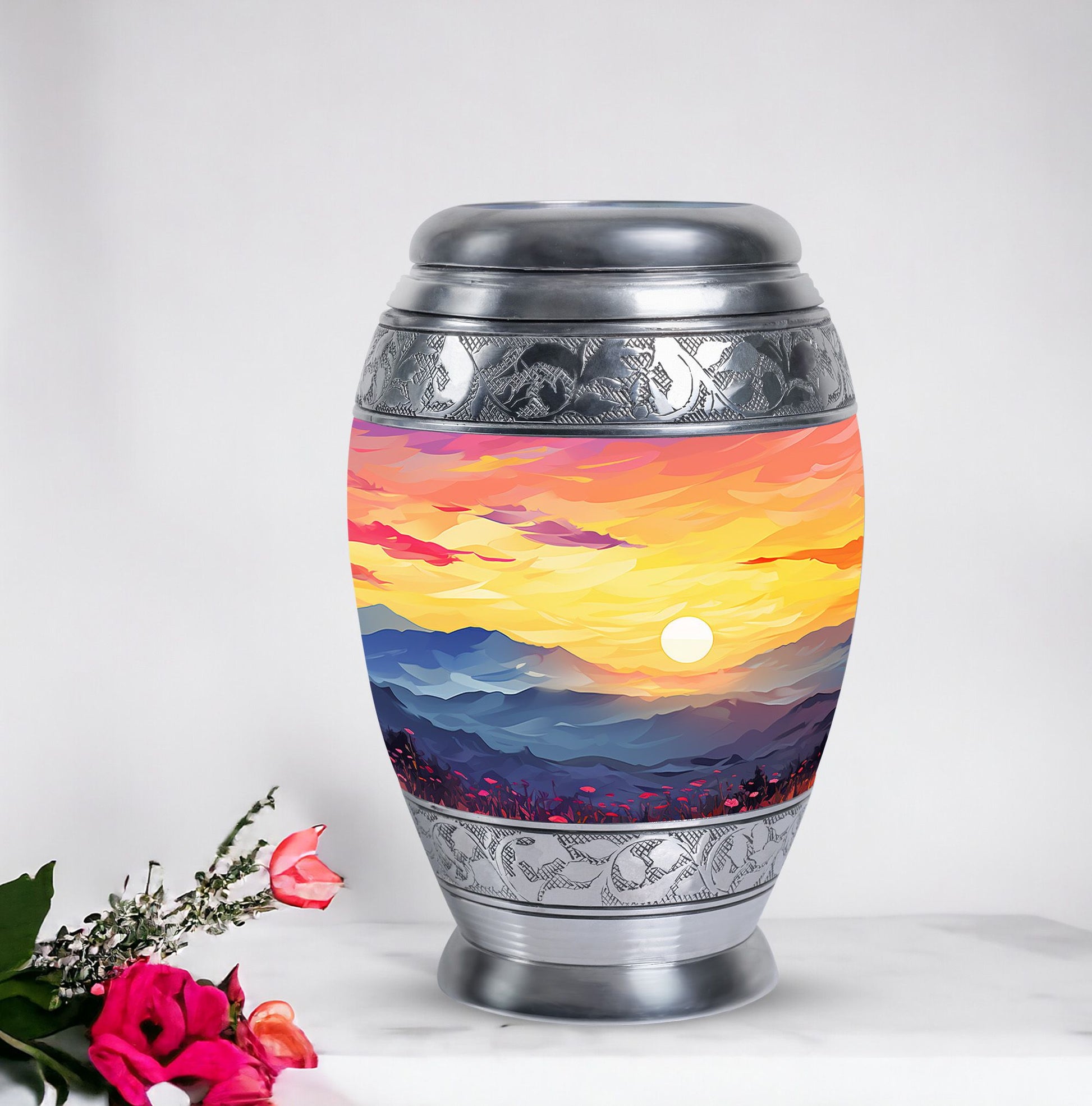 Customizable Monar_Urn Aluminium Mountains Urn for ashes, suitable for men and women, large capacity of 200 cubic inches, included velvet pouch and care instructions.