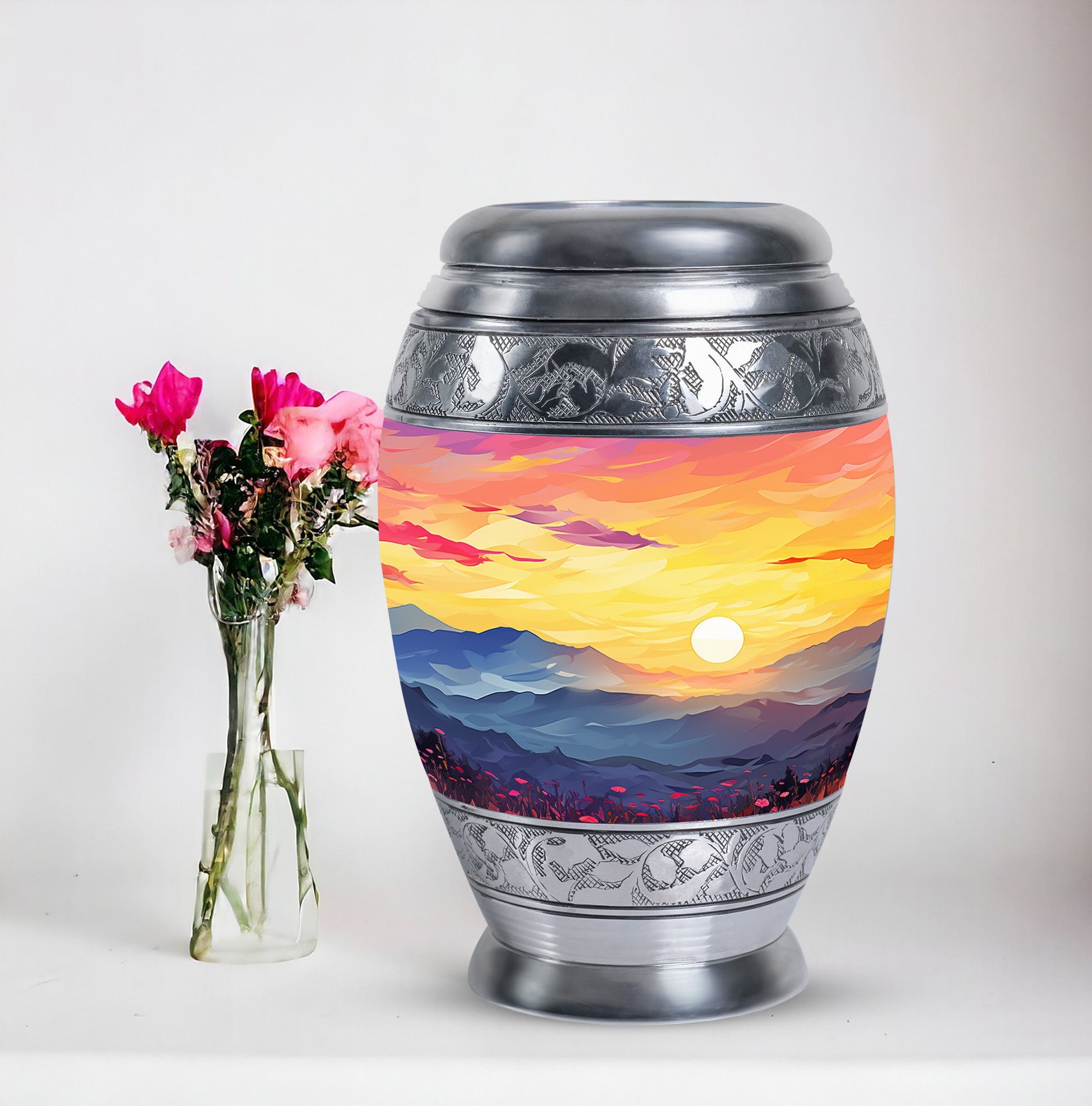 Customizable Monar_Urn Aluminium Mountains Urn for ashes, suitable for men and women, large capacity of 200 cubic inches, included velvet pouch and care instructions.