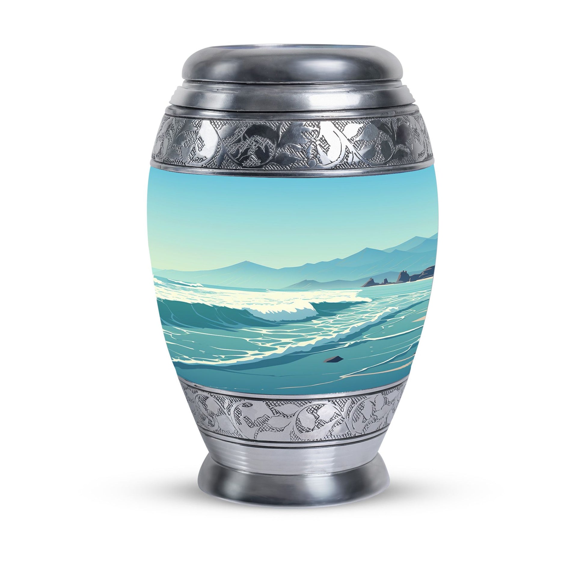 Large aluminium Monar_Urn for ashes with mountains design, personalization available, included velvet pouch and care instructions