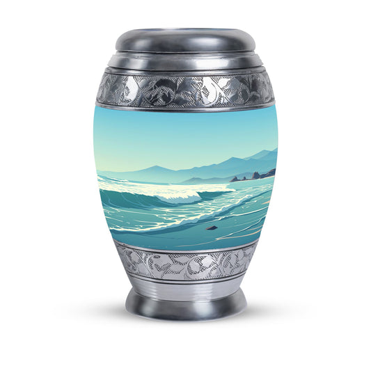 Large aluminium Monar_Urn for ashes with mountains design, personalization available, included velvet pouch and care instructions