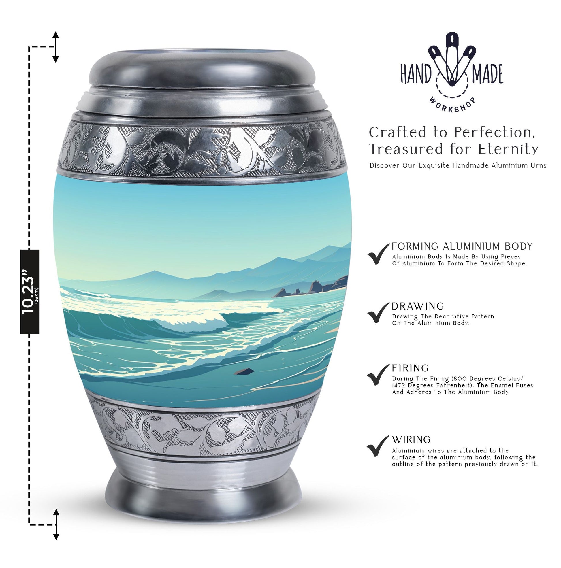 Large aluminium Monar_Urn for ashes with mountains design, personalization available, included velvet pouch and care instructions