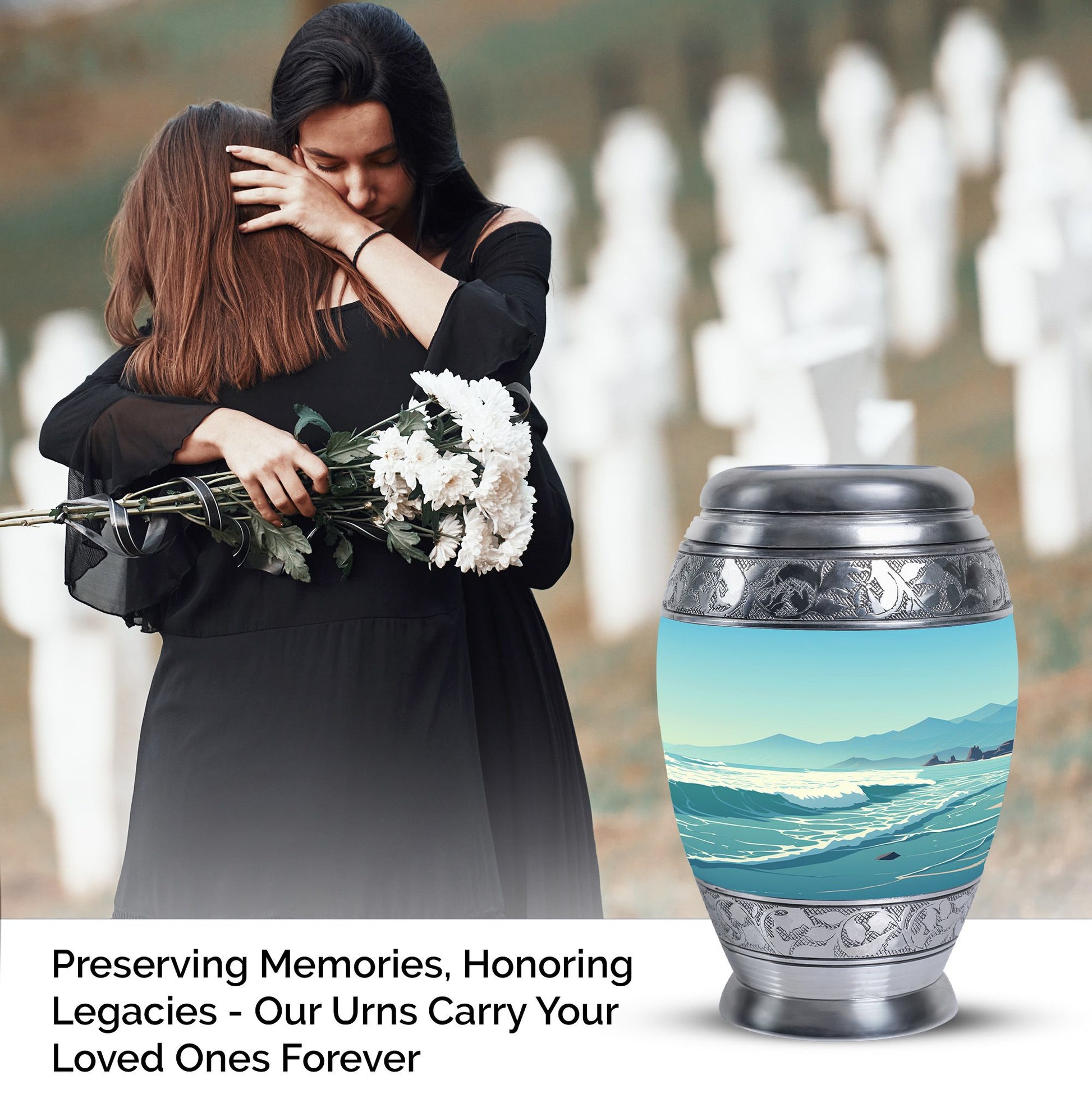 Large aluminium Monar_Urn for ashes with mountains design, personalization available, included velvet pouch and care instructions