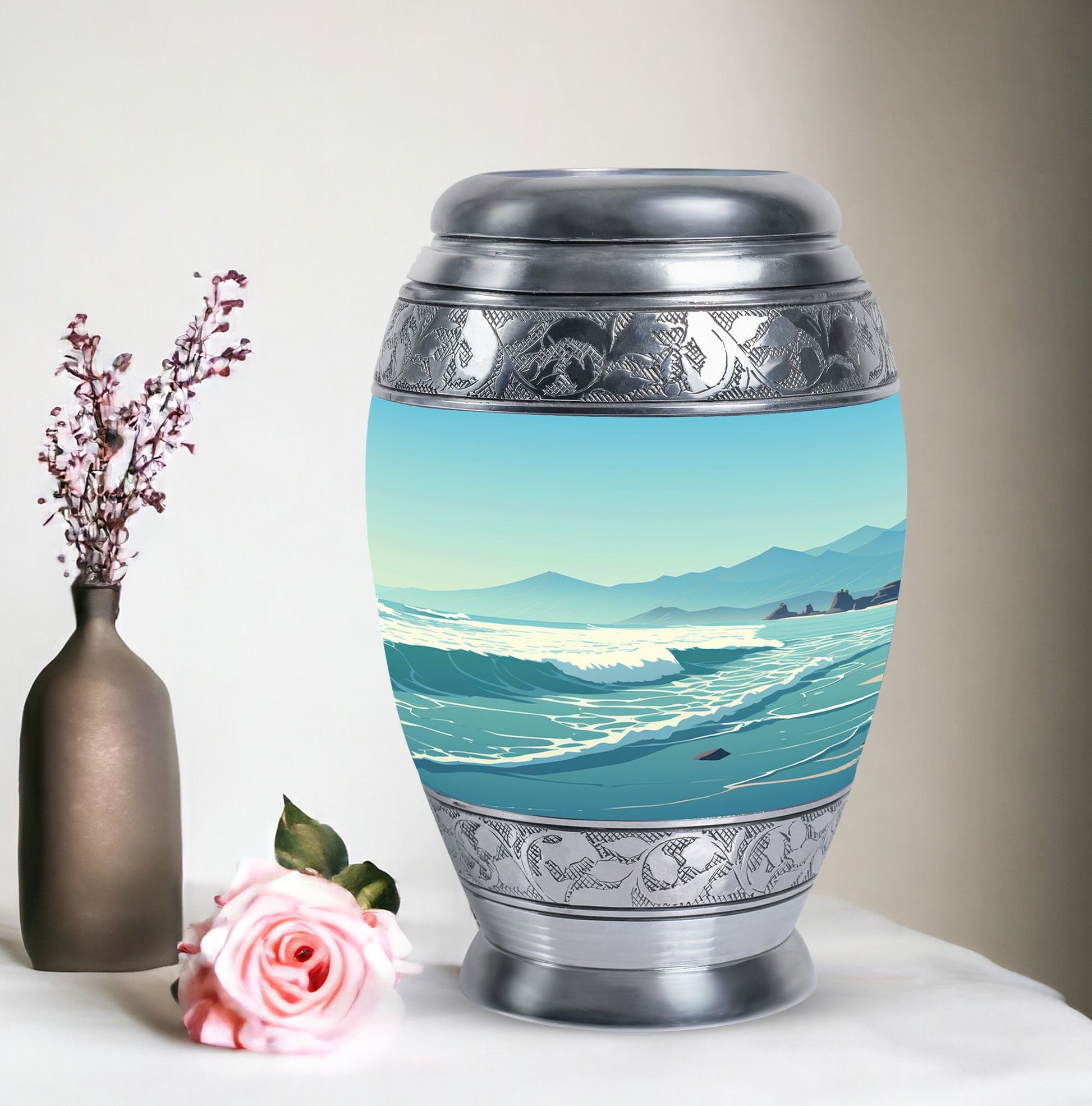 Large aluminium Monar_Urn for ashes with mountains design, personalization available, included velvet pouch and care instructions