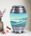 Large aluminium Monar_Urn for ashes with mountains design, personalization available, included velvet pouch and care instructions