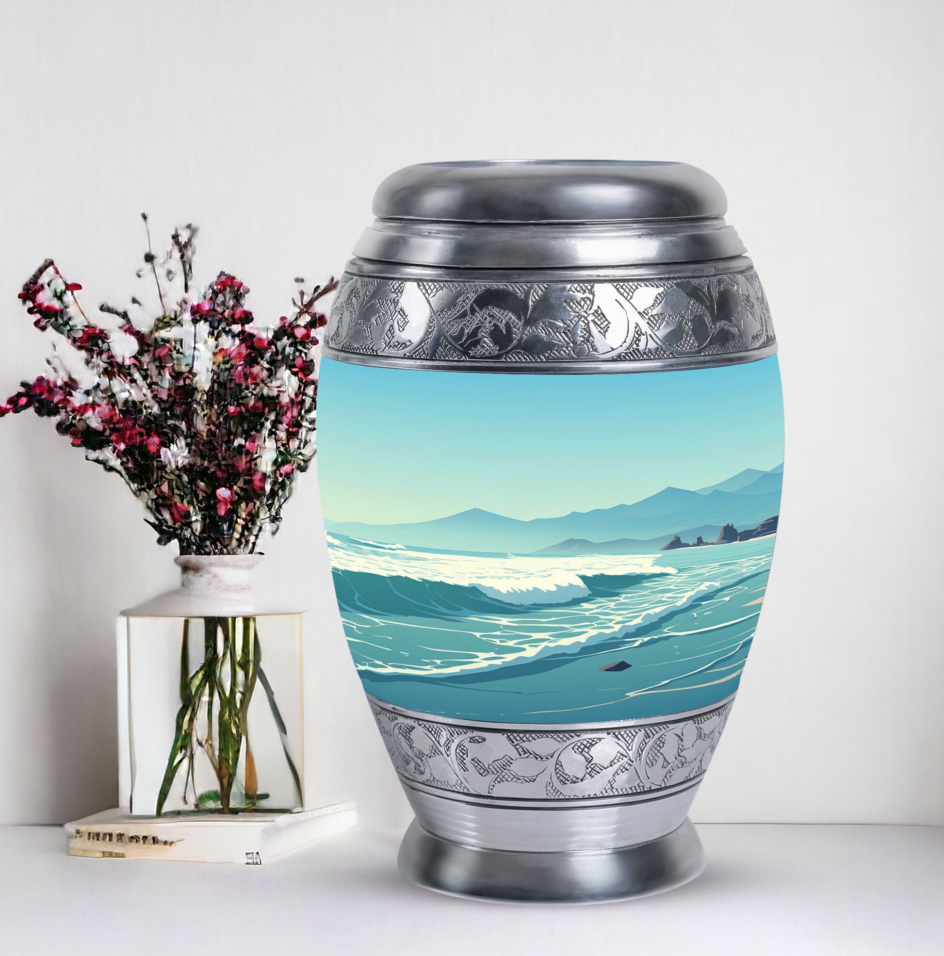 Large aluminium Monar_Urn for ashes with mountains design, personalization available, included velvet pouch and care instructions