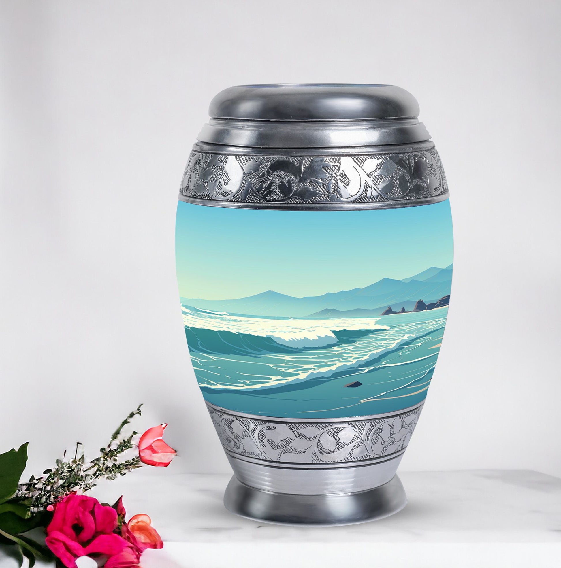 Large aluminium Monar_Urn for ashes with mountains design, personalization available, included velvet pouch and care instructions