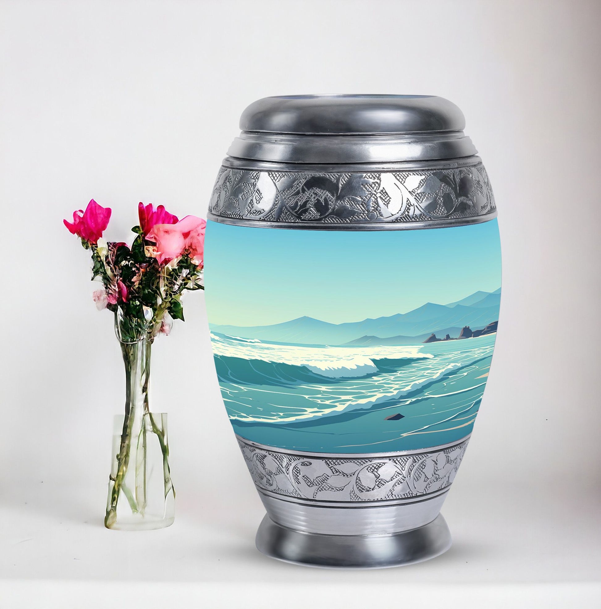 Large aluminium Monar_Urn for ashes with mountains design, personalization available, included velvet pouch and care instructions