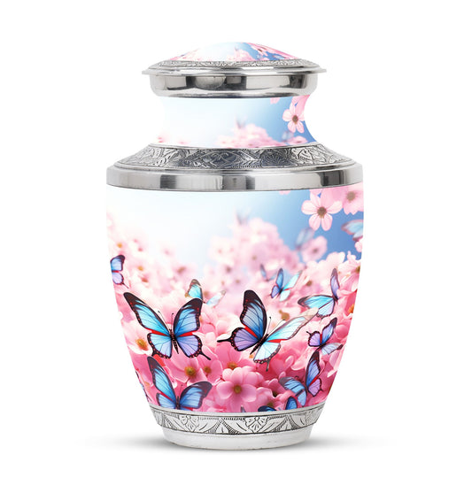 Decorative Blue Butterfly Urn, designed as a tasteful funeral ashes container