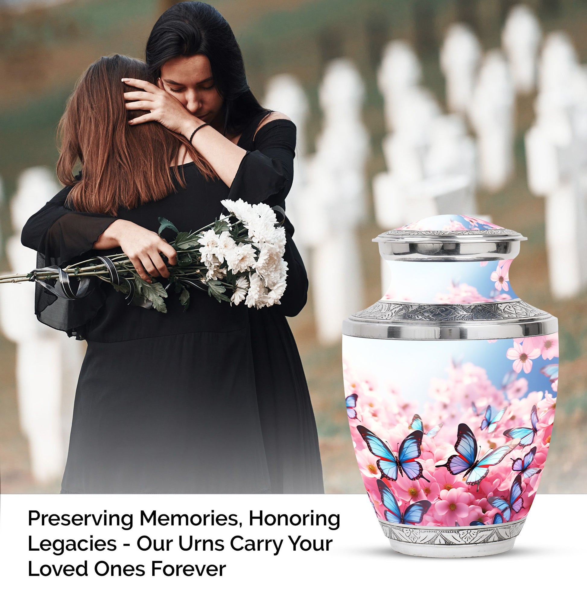 Decorative Blue Butterfly Urn, designed as a tasteful funeral ashes container