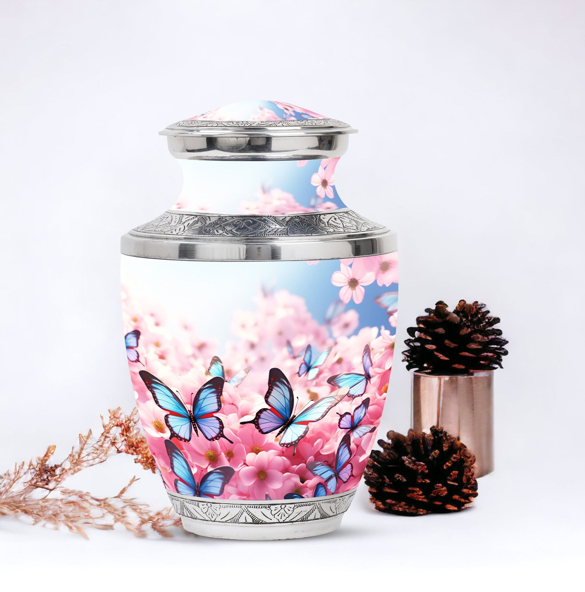 Decorative Blue Butterfly Urn, designed as a tasteful funeral ashes container