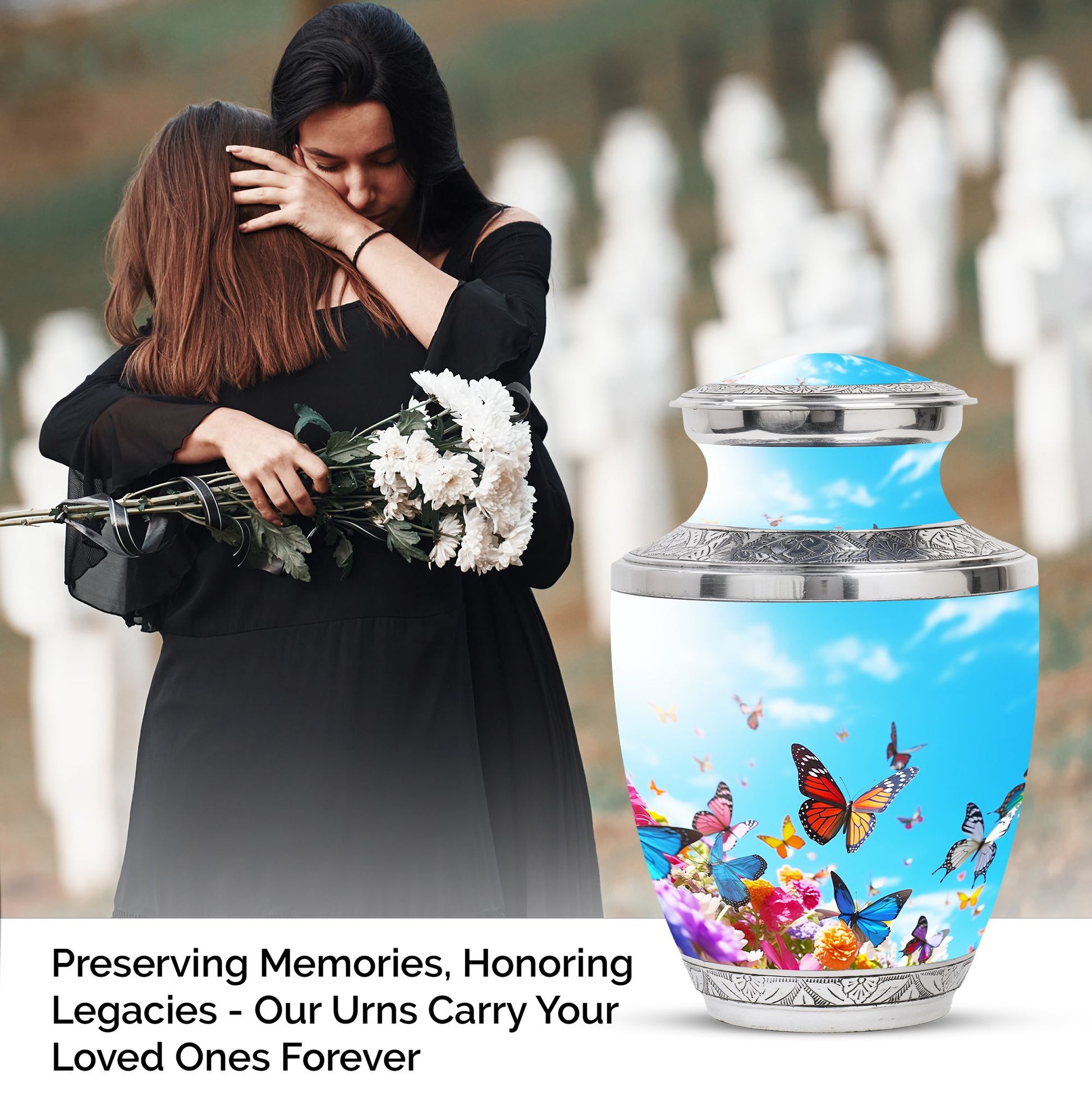 Blue Butterflies Urn symbolizing peace and tranquility, ideal for ashes of an adult female and perfect as a funeral urn for mom