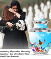 Blue Butterflies Urn symbolizing peace and tranquility, ideal for ashes of an adult female and perfect as a funeral urn for mom