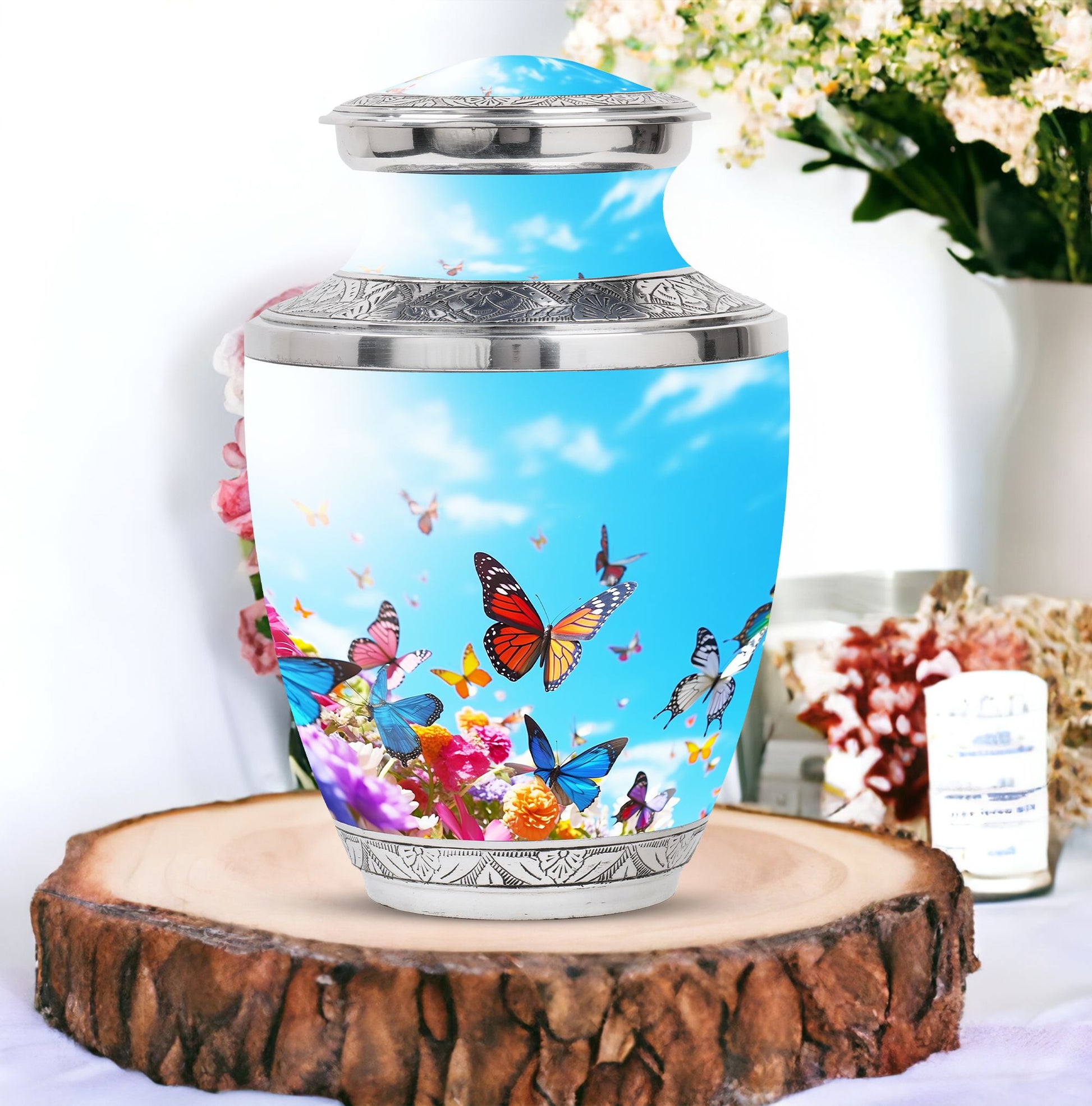 Blue Butterflies Urn symbolizing peace and tranquility, ideal for ashes of an adult female and perfect as a funeral urn for mom