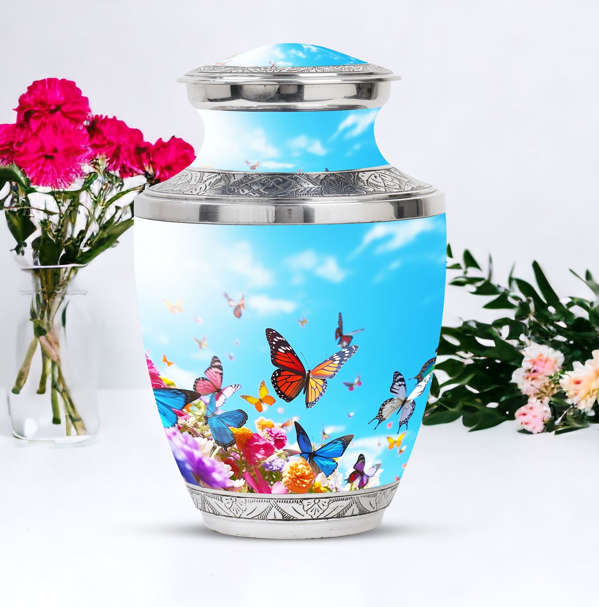 Blue Butterflies Urn symbolizing peace and tranquility, ideal for ashes of an adult female and perfect as a funeral urn for mom