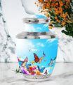 Blue Butterflies Urn symbolizing peace and tranquility, ideal for ashes of an adult female and perfect as a funeral urn for mom